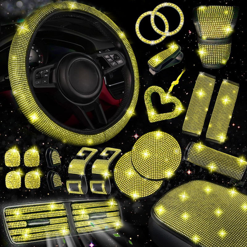NBTEPEM 30 Pcs Yellow Bling Car Accessories Set for Women, Steering Wheel Cover Set, Bling Console Cover, Seat Belt Cushion, Shift Knob Cushion, Cup Holder Coaster, Rhinestone Car Hanging Accessories Yellow Diamond