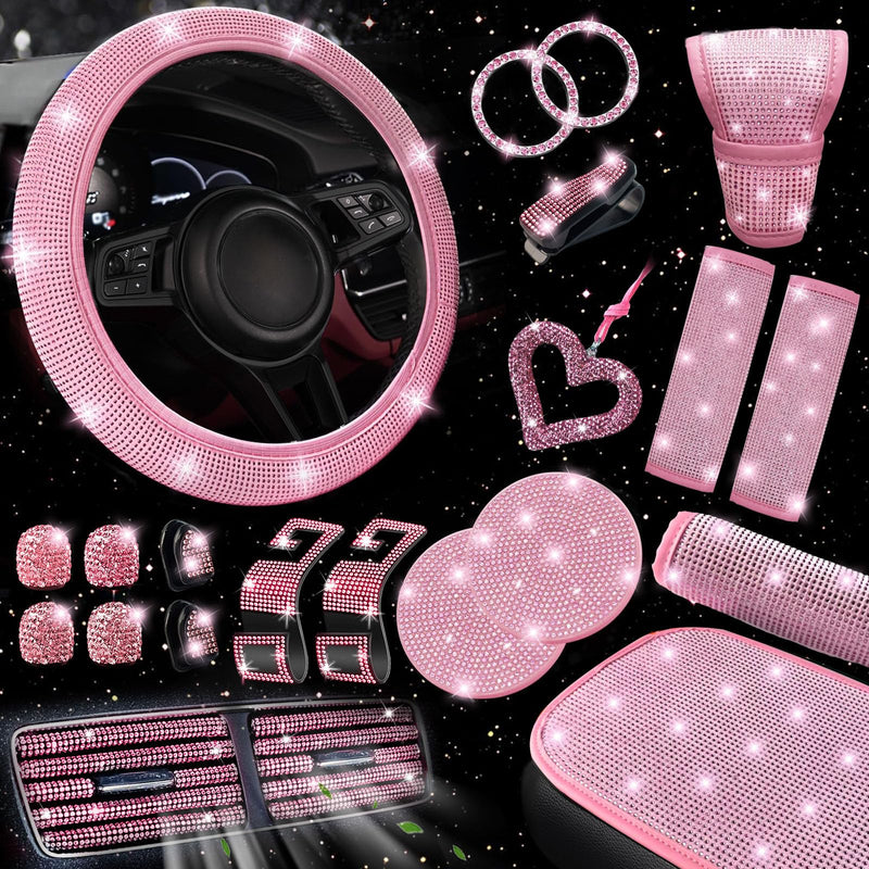 NBTEPEM 30 Pcs Pink Bling Car Accessories Set for Women, Pink Steering Wheel Cover Set, Bling Console Cover, Seat Belt Cushion, Shift Knob Cushion, Cup Coaster, Rhinestone Car Hanging Accessories Pink Diamond
