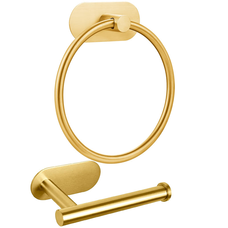 Self Adhesive Towel Ring and Toilet Paper Holder, No Drilling Stainless Steel Bathroom Hardware Set, Sturdy Bathroom Accessories for Home or Kitchen, Wall Mounted (Gold) Brushed Gold