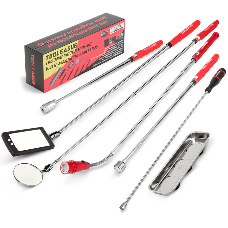 TOOLEAGUE 7Pcs Telescoping Magnetic Pickup Tool Set, Extendable LED Flashlight,Round & Square 360° Inspection Mirror for Men Mechanics, and Handymen, Red 7 7 pcs