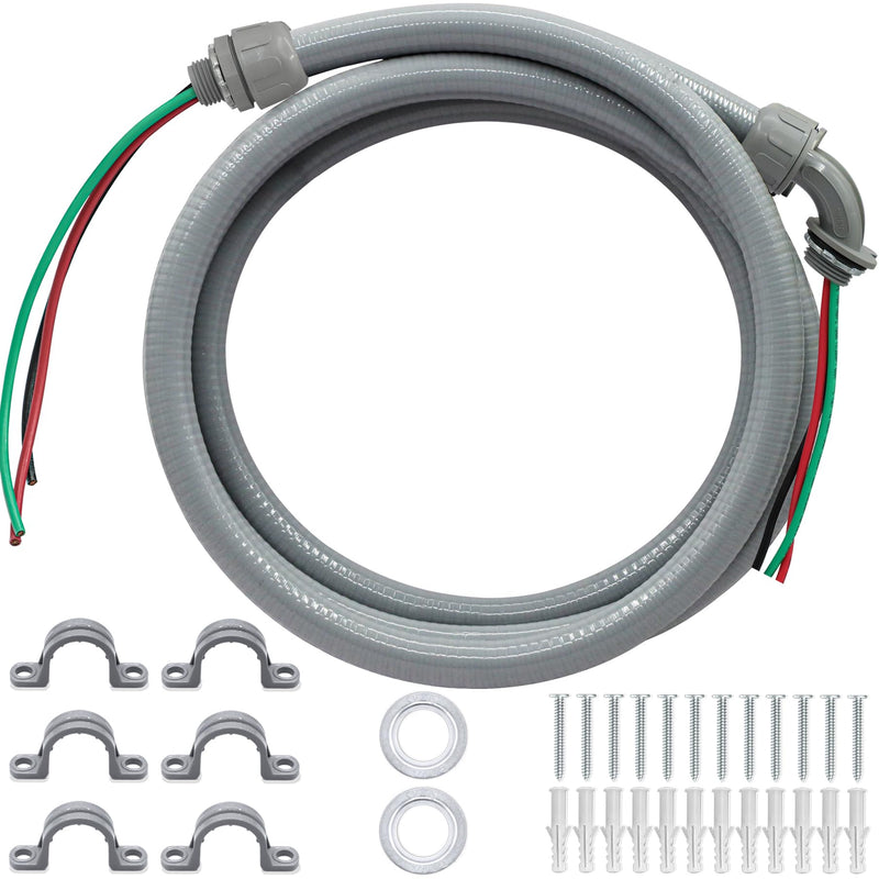 6Ft AC Whip Kit - 1/2" Non-Metallic Liquid Tight Conduit with 10/3 Gauge Wire for Quick-Install Air Conditioner Hook-Up/Heat Pump Units 6 Ft 1/2 Inch + 10 AWG