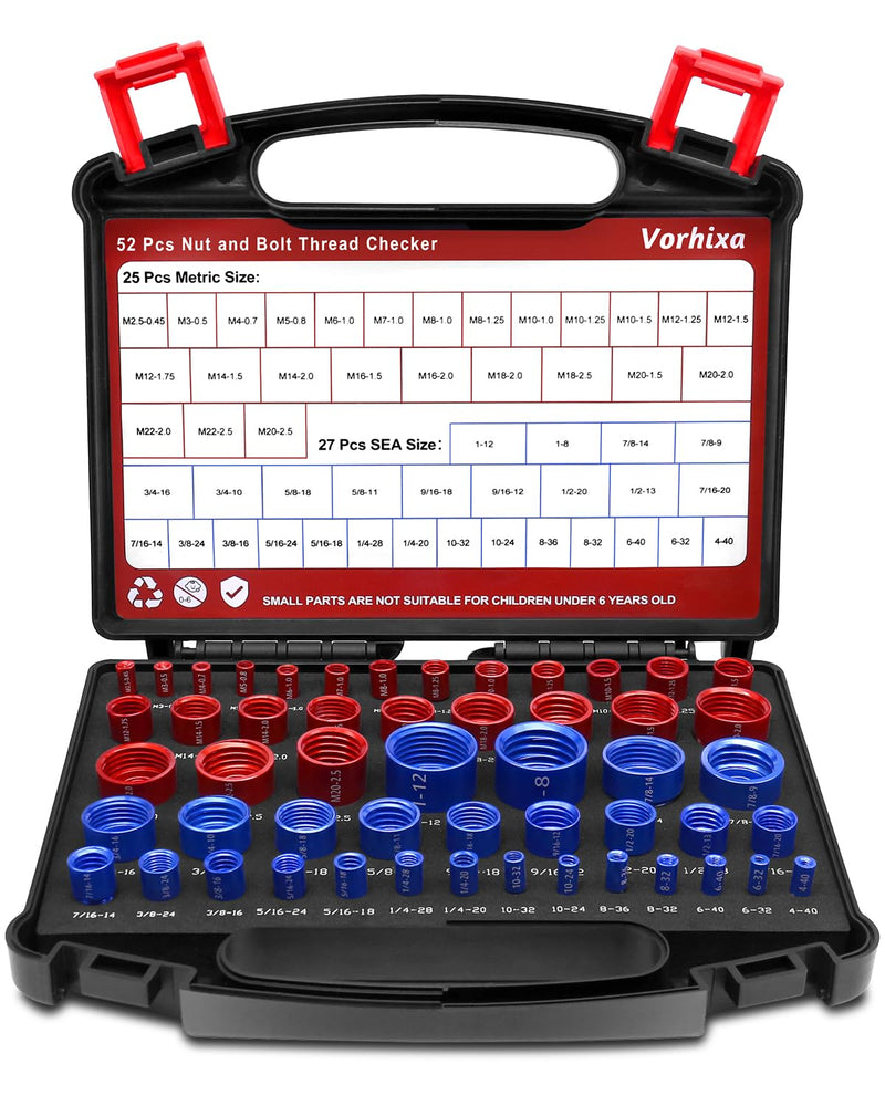 52pcs Thread Checker, 27 SAE & 25 Metric Nut and Bolt Thread Checker, Thread Gauge, Bolt Size Finder Kit for Size Check in Tricky and Narrow Areas 52
