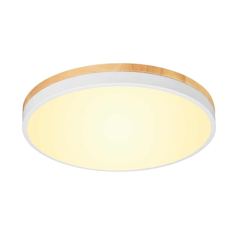 White Wood 24W Modern LED Flush Mount Ceiling Light, Close to Ceiling Light Fixture, 2700-5000K Dimmable, Round Ceiling Lamp for Bathroom Kitchen Entry Way Bedroom Laundry Room Hallway Wood & White 12 inch
