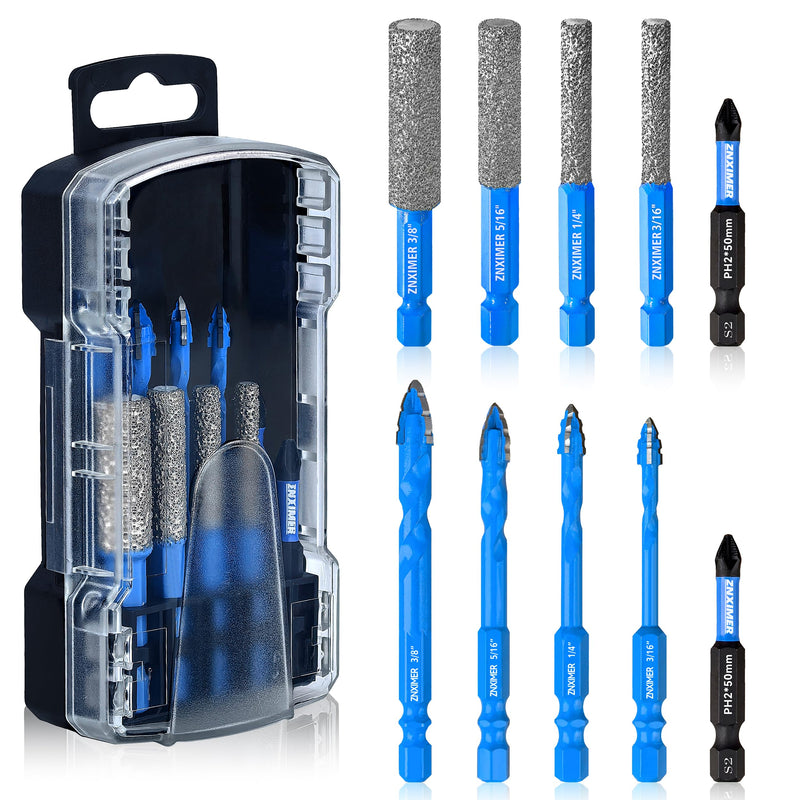 Diamond Drill Bits Set for Ceramic, Porcelain, Glass, Marble, Tile, Granite, Stone and More - 10pcs Tile Drill Bits for Efficient, Precise Drilling and Milling Set4-(3/16"D to 3/8"D)-10Pcs