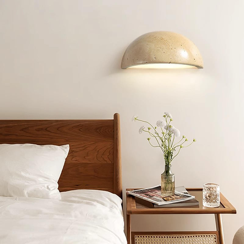 Wabi Sabi Art Lighting Fixture, Modern Marble Semi Circle Yellow Travertine Wall Sconce, Japanese Style Natural Stone Lampshade Bedside Wall Light for Bedroom Kitchen Foyer Entryway Stairs
