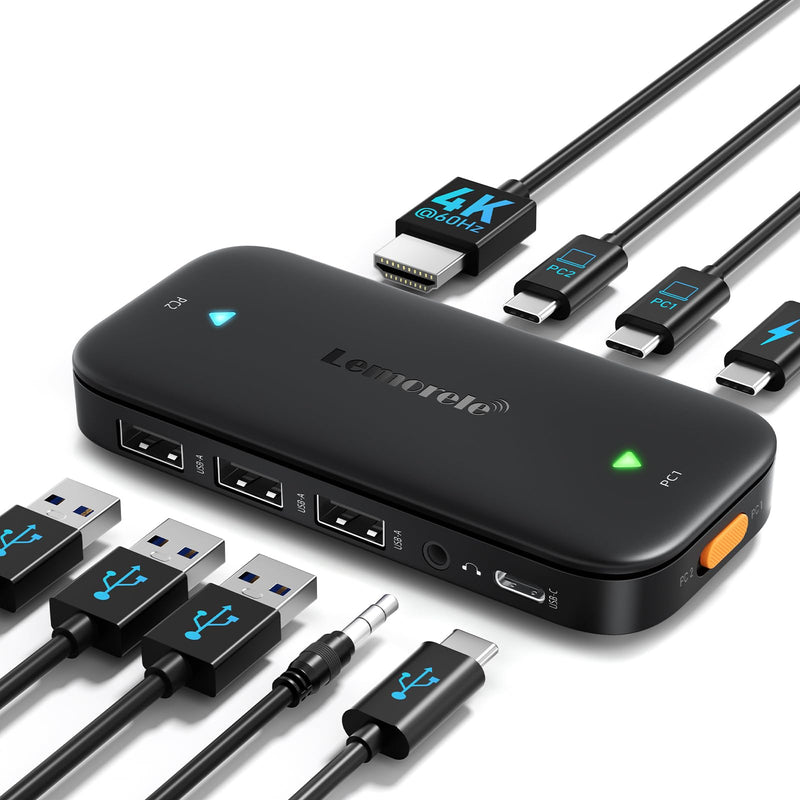 Lemorele USB C KVM Switch with 4K@60Hz HDMI, 4 USB A/C Ports、100W PD、3.5mm Audio for 2 Computers Share 1 Monitor/Keyboard/Mouse/USB Flash Drives, etc, Compatible with Windows,Mac,Linux,Android Black-USB 3.0 Switch