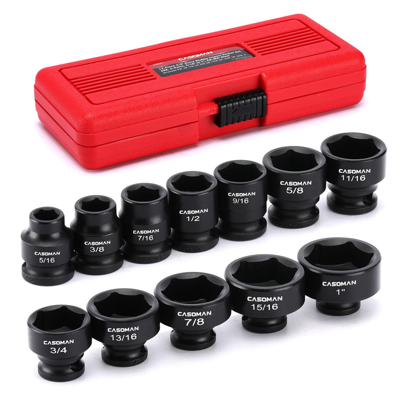CASOMAN 12PCS 3/8" Drive Stubby Impact Socket Set, Low Profile, 5/16" - 1", SAE, CR-MO, 6-Point, 12 Pieces Shallow Socket Set for Automotive Maintenance, Repairs and DIY, for Tight Areas 3/8"Dr. 12-Piece (5/16" - 1")
