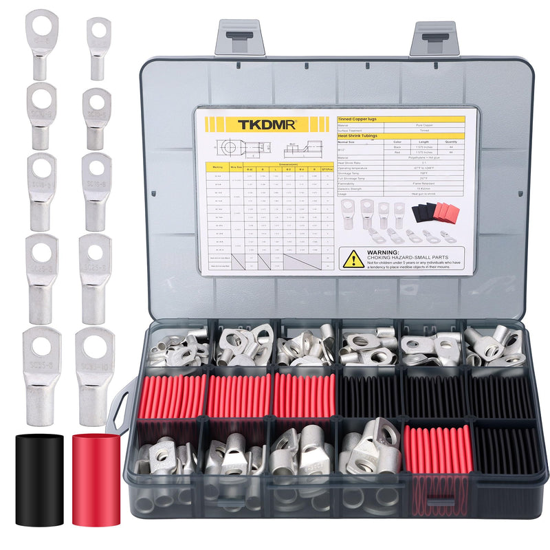 TKDMR 176 Pcs Thick Copper lugs，Electric Wire Lugs，AWG2 4 6 8 10 12Gauge，88Pcs Tinned Heavy Duty Battery Cable Ends Ring Terminal Connectors with 88Pcs 3:1 Heat Shrink Tubing Assortment Kit Tinned Copper