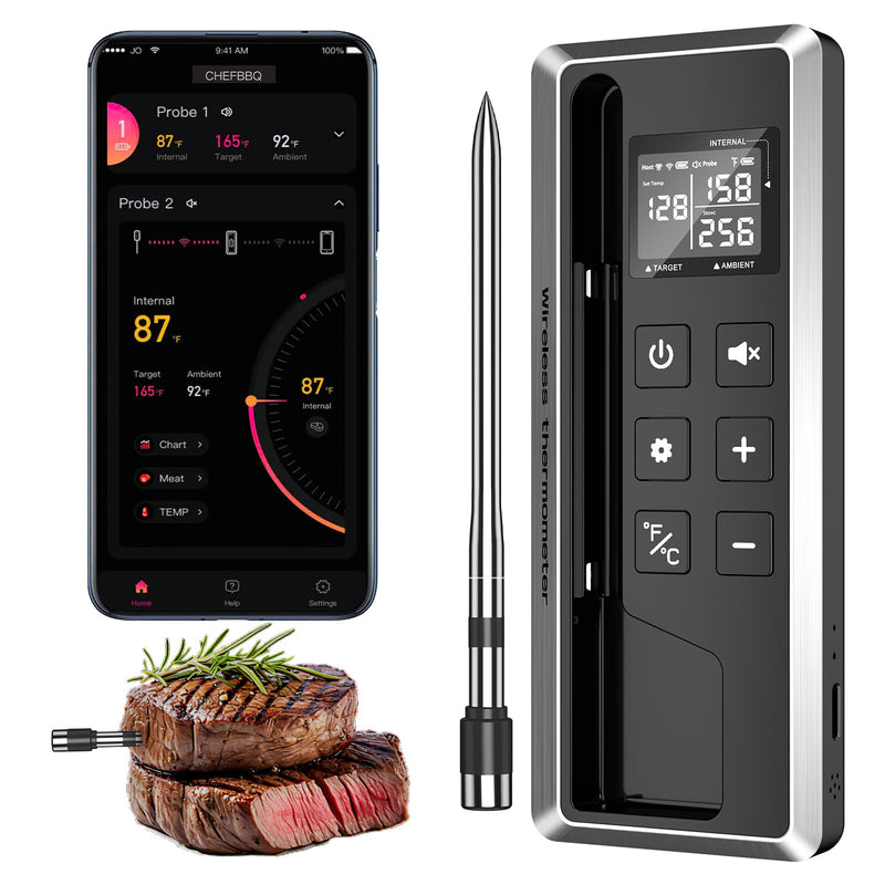 [AUSTRALIA] - Wireless Meat Thermometer with Smart Timer & APP Control, 800ft Bluetooth Grill Food Thermometer - 0.19In-Ultra Thin Probe, ±0.5℉ Accuracy, Digital Backlit Screen for BBQ, Oven, Smoker, Kitchen 1-Probe Kit
