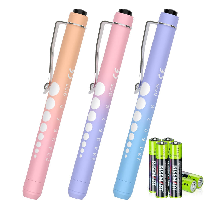 3 Pack Pen Lights for Nurses with 6 Batteries - Reusable Pen Light with Pupil Gauge and Ruler, Nurse Accessories for Work, Medical Penlights for Nursing Student Doctors EMT CNA (Gradient Pink Purple) Gradient Pink Purple