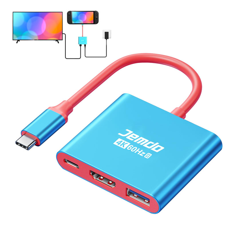 Switch 2 HDMI Adapter Dock Station(3 Ports), 4K 60Hz HDMI 2.0,18Gbps,PD 100W & USB 3.0, Portable USB-C to HDMI Travel Dock for TV Compatible with Nintendo Switch 2/OLED/2017/Steam Deck/ROG Ally 4K60Hz Blue
