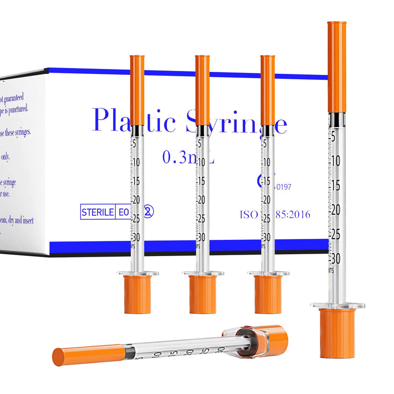 100 Pack U-100 0.3ml Lab Syringe, 31G 1/4 Inch (0,25 x 6mm) Disposable Syringes Supplies, Individually Wrapped 0.3ml 31G 1/4" 100.0