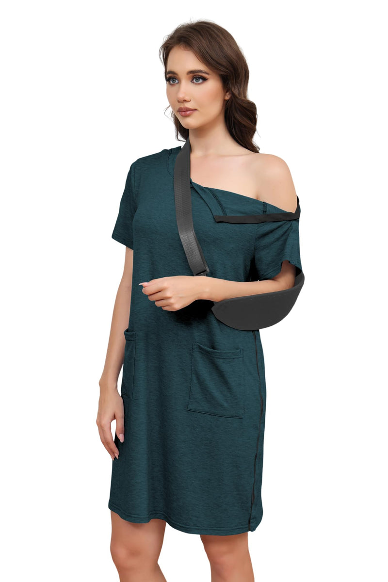 Women's Post Shoulder Surgery Tear Away Dress Short Sleeve Full Open Side Snap Adaptive Clothing with Pockets Dark Green XX-Large