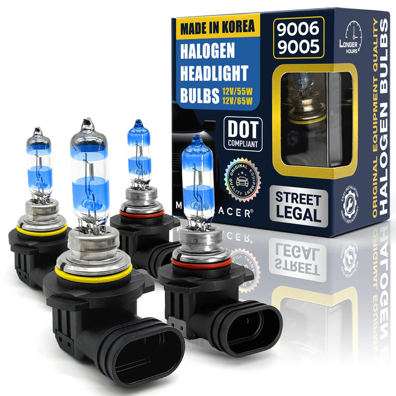 Premium OEM 9005 9006 Halogen Headlight Bulbs Combo (4 Bulbs) - Street-Legal & DOT Compliant for On-Road Use, Automotive Car Light Replacement, 12V 65/55W, High & Low Beam, Plug & Play - Made in Korea 9006+9005 (Low & High Beam)