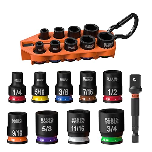 Klein Tools 33809 Grab-And-Go Impact Socket Set, SAE, 10-Piece Set with Sleeve, Carabiner, and 3/8-Inch Drive, Color-Coded 1/4, 5/16, 3/8, 7/16, 1/2, 9/16, 5/8, 11/16, and 3/4-Inch Sockets 10-Piece SAE