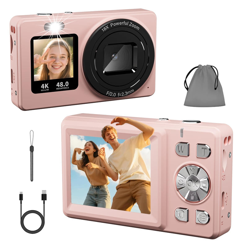 Digital Camera, 4K 48MP Autofocus Dual Screen for Selfies, 18X Zoom Fill Light, Portable Point and Shoot Travel Camera for Kids, Teens, Girls, Boys (SD Card Not Included)- Pink
