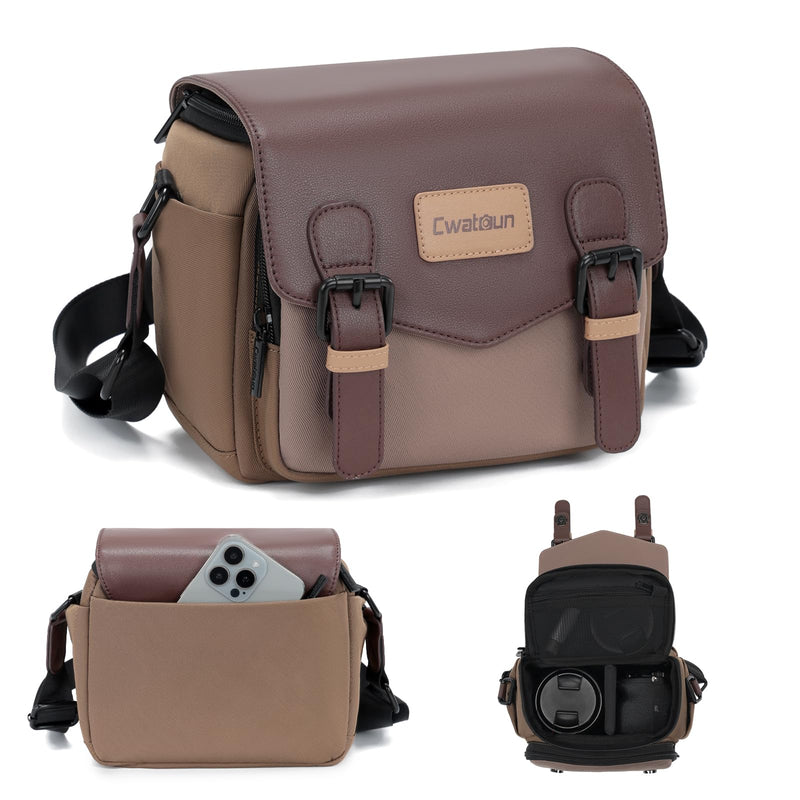 Cwatcun Compact Camera Sling Bag, Small Crossbody Case with Tripod Holder | Camera Messenger Bag, Photography Bag for Canon, Nikon, Sony, Fuji DSLR/SLR/Mirrorless, Lens.Fits 1DSLR+1lens Brown S