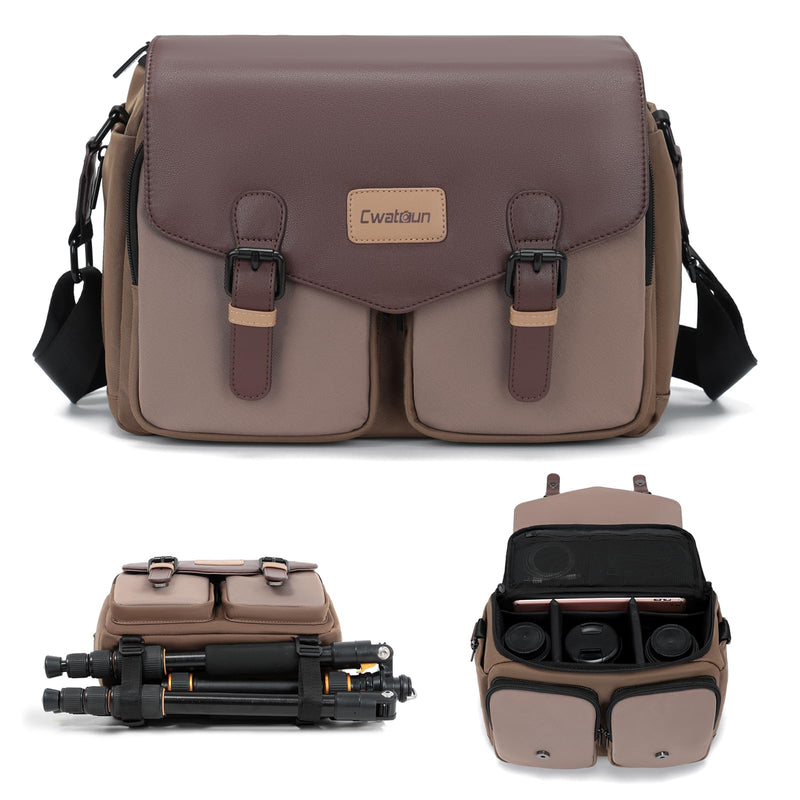 Cwatcun Large Camera Messenger Bag, Waterproof Crossbody Case with Tripod Holder Brown L