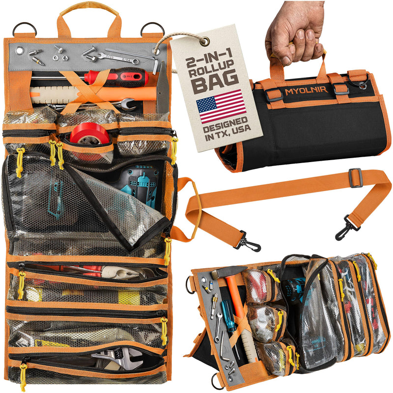 Roll Up Tool Bag Organizer With Kickstand - Full-Size 25" Heavy Duty Tool Roll Bag - Portable Rollup Toolbag With Magnetic Panels & Transparent Pockets - Mechanic, Electrician & Tradesperson Orange Black