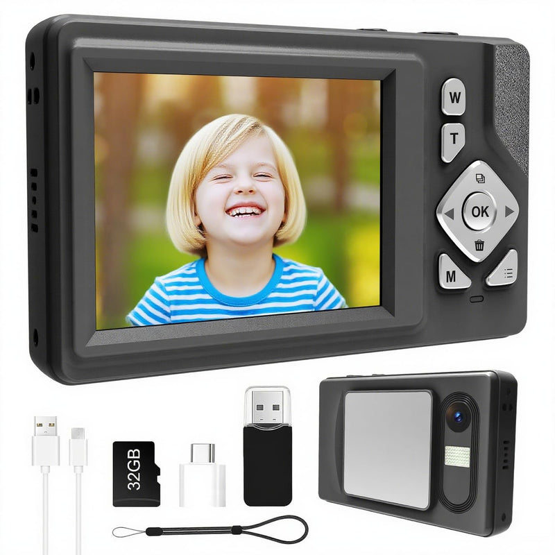 Digital Camera - 48MP, FHD 1080P, 18X Dig Zoom, Anti-Shake, 2.83" LCD, 32GB Card. Vlog Camera, Portable for Travel. Compact Point-and-Shoot for Kids, Teens, Students, Beginners (Black) Black