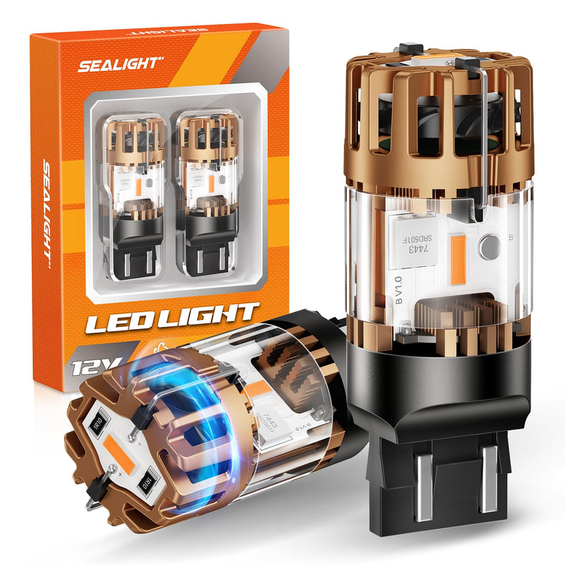 SEALIGHT 7443 7440 LED Bulb Amber, 2025 Canbus 7444na Front/Rear Turn Signal Bulb with Built In Resistor Anti Hyper Flash 7440a W21W 7441 WY21W T20, 1860-SMD Chips, CK & Standard Socket (Pack of 2)