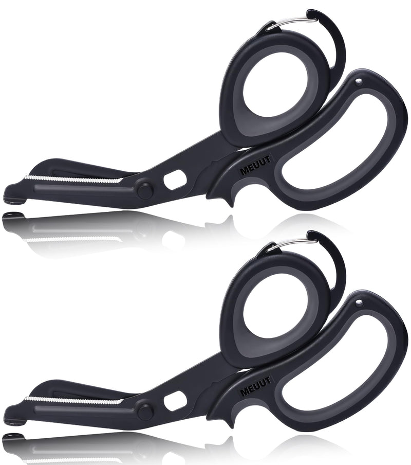 MEUUT 2 Pack Medical Scissors Trauma Shears with Carabiner design for left and right hand, 7.5" Fluoride Coated Non-stick Blades Bandage Scissor for Nurses, EMT, Household, outdoors Black/Black+black/Black