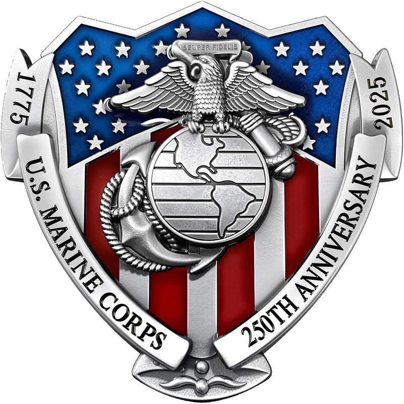 2025 Marine Corps 250th Anniversary Metal Car Emblem, US.MC 3D Shield Shape Car Decals with Eagle, Enamel American Flag, 3M Adhesive, Cars Medal Gift for Veterans and Military Supporters