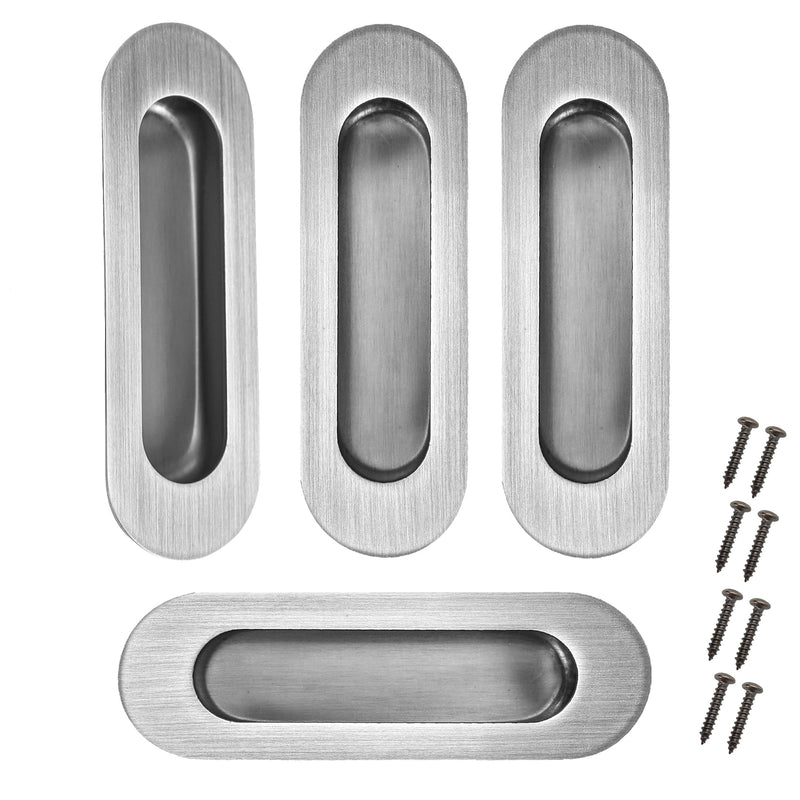 Recessed Door Handle Flush Pull 4.7 Inch Sliding Closet Door Handle Oval Pocket Finger pulls Brushed Stainless Steel (4 Pack) Stainless Steel Brushed(4 Pack)
