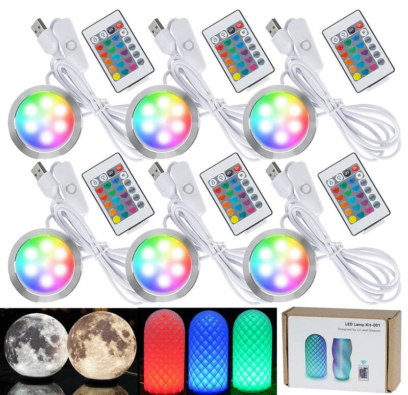 6 Pack RGB Remote Control LED Lamp Kit 001 for Bambu lab A1 mini/A1 MH001, Color Storage, Dimming, 5V USB Puck Light Set DIY Hardware Spare Parts for Makerwold 3D Printed Light Projects 6