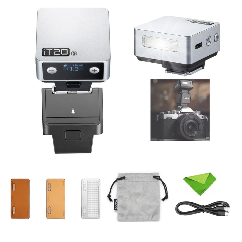 Godox IT20 S IT20S Mini Camera Flash for Sony, TTL Godox Flash,700+ Full Power,1.5s Recycle Time,USB-C Charging, with Magnetic Diffuser & Filter -Silver | 700+ Full Power,1.5s Recycle Time,USB-C Charging, with Magnetic Diffuser & Filter Silver