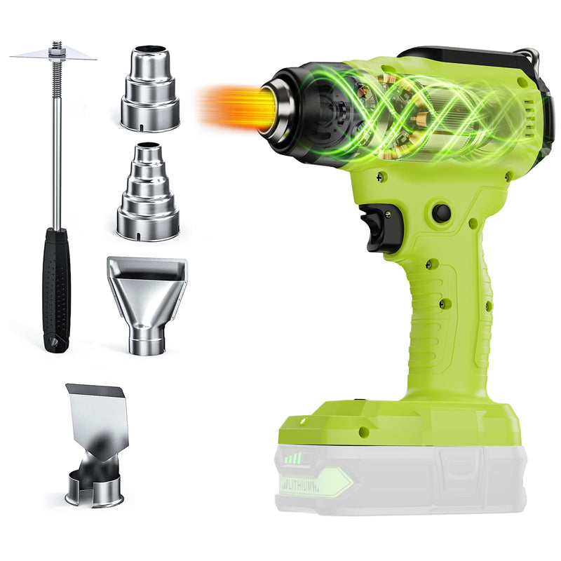 Compatible with Ryobi 18V Battery Cordless Heat Gun, 350W LED Light, Quick Heat Welded Heat Gun 122°F - 120°F Variable Temperature Control with 4 Nozzles and Scraper for Crafts(No Battery) Heat Gun Green