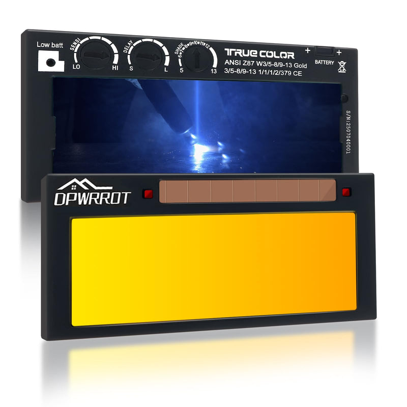 Auto Darkening Welding Lens Shade 5-13, 2“x4 1/4”x0.33”,Gold Adjustable Welding Lens, True Color HD Deep Blue Weld View, Solar Energy Welding Lens for Pancake and Pipeliner Welding Hoods and Helmets
