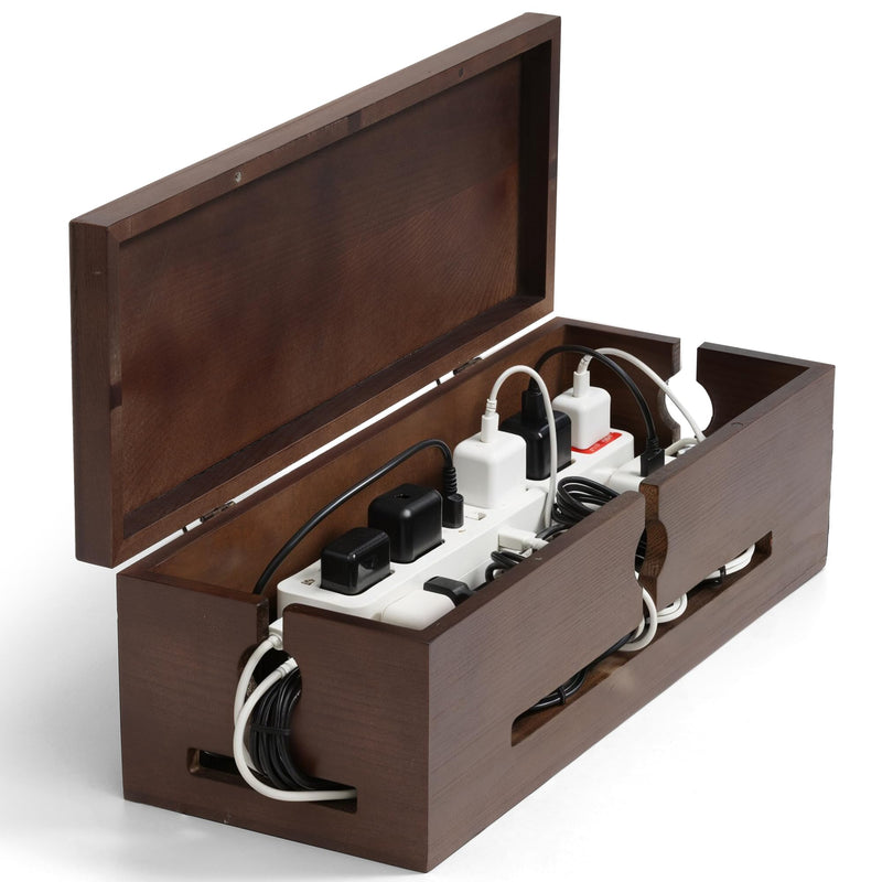 Wooden Cable Management Box – Modern Wire Organizer Box & Power Strip Cover for Home or Office | Large Cable Hider for Wires, Chargers & Extension Leads – Home Organization Storage dark Browm