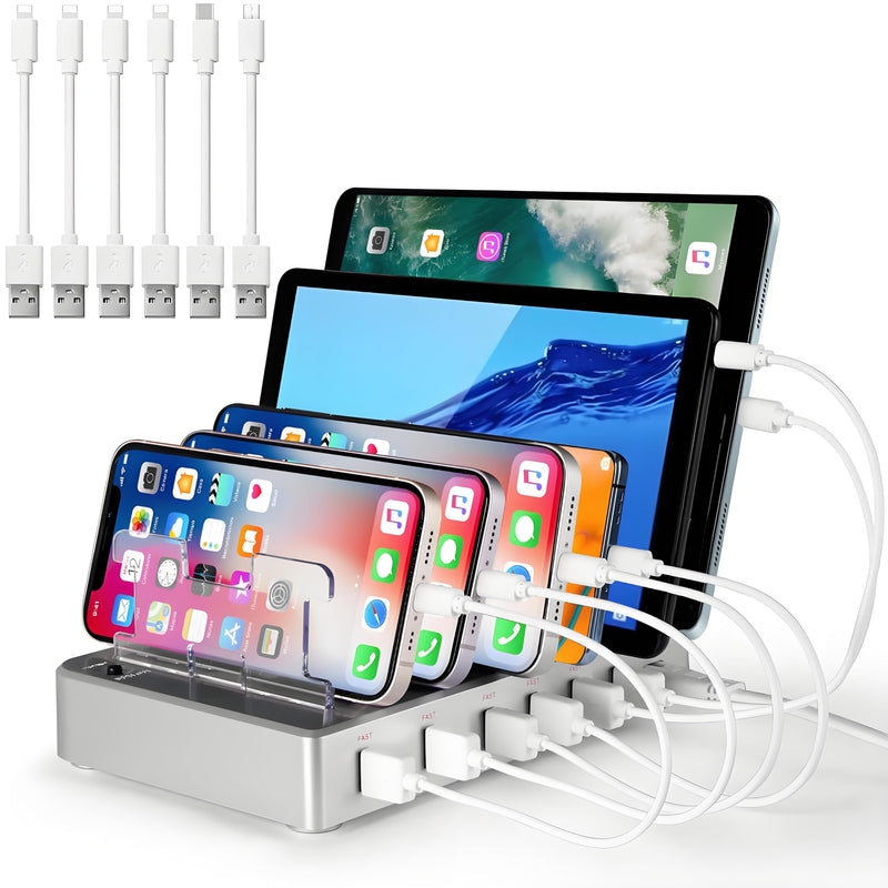 Charging Station for Multiple Devices, 6-Port USB Fast Charger with 6 Mixed Cables, Multi-Device Charging Dock for iPhone, iPad, Android Phones, Tablets, Kindle (Silver, Desktop & Wall Mount)