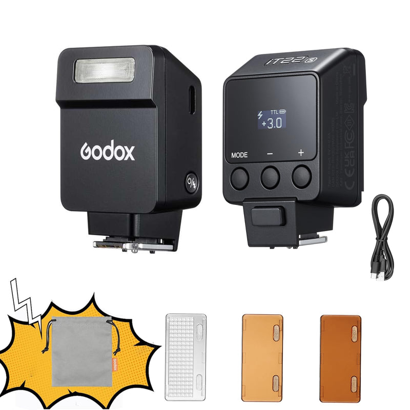 GODOX IT22 F TTL MINI iFlash Camera Flash Light,700+ Flashes & 1.5 s Recycling,6 Stops (1/32 to 1/1 Power),Built in Battery with Magnetic Diffuser & Filter (Black, for Fuji) Black