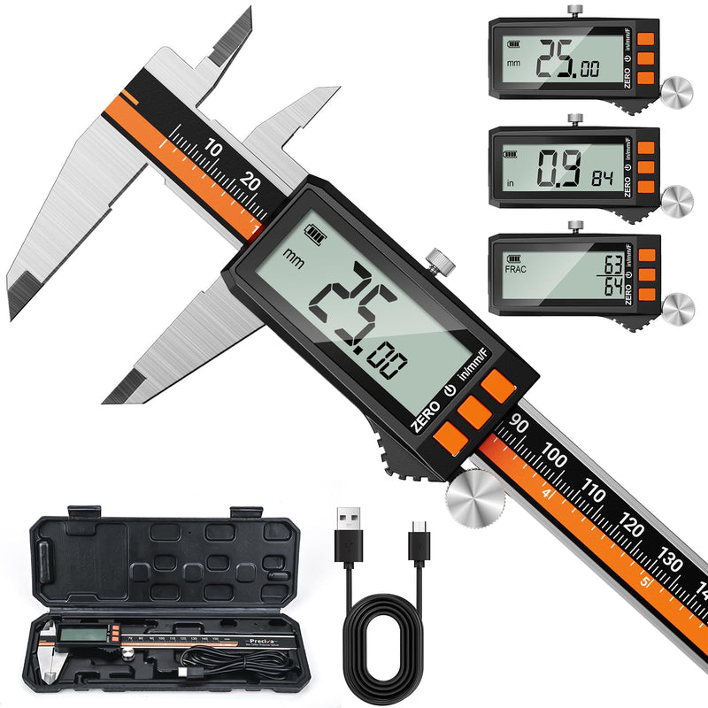 Preciva Digital Caliper - Rechargeable Stainless Steel Micrometer with IP54 Protection | Auto-Off, Large LCD Screen & Inch/Metric Conversion | Precision Measuring Tool 6Inch/150mm