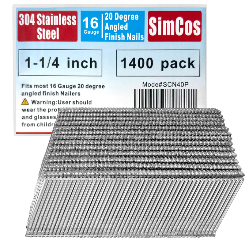 16 Gauge 20 Degree Angled 1-1/4 Inch 304 SS Finish Nails, 1400-Pack | Smooth jam-free driving for electric & pneumatic angled nailers, reliable use on interior and exterior woodwork