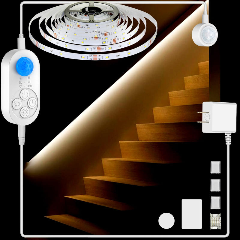 Dual Sensor Stair Lights Indoor, Motion Activated Plug-in Step Light Strip Indoor with Dimmer, Delay Timer for Stairway (Warm White 3000K (32.8FT Light Strip), Power Adapter (3.28FT Cable)) Power Adapter (3.28FT Cable)