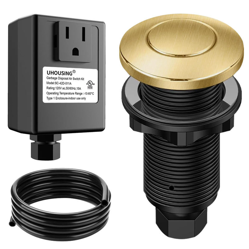 Garbage Disposal Air Switch Kit - UL Certified Sink Top Switch with Long 3.5" Brass Button by UHOUSING, Complete All-in-One Kit for All Disposals (Brushed Gold) Brushed Gold