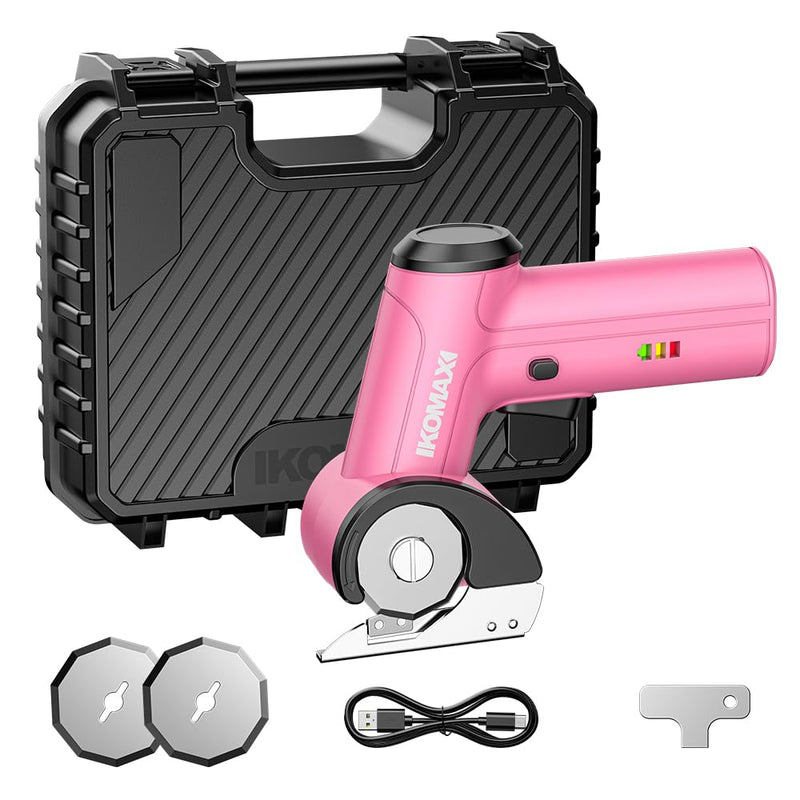 KOMAX Cordless Electric Scissors,4V Cardboard Cutter with 3 Blades,Rechargeable 2000mAh Battery,Storage Box,Fabric Scissors Electric Box Cutter for Cardboard,Leather,Carpet,Fabric,Plastic - Pink