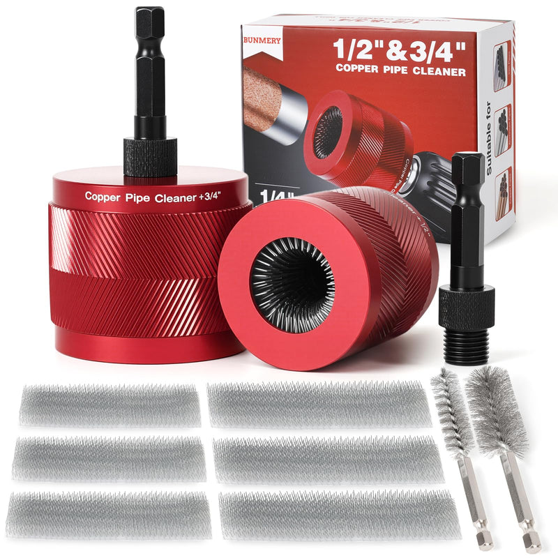 Copper Pipe Cleaner for Drill, Plumbing Tools Set 1/2" & 3/4" with 1/4" Hex Shank & 6 Brush Blades & 2 Pipe Brush, for Removing Rust, Stains & Paint from Copper & Metal Pipes, Red, Metal Cleaning Kit 1/2" & 3/4"