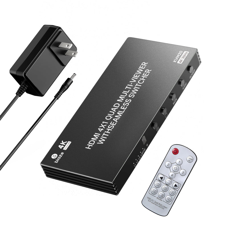 4K HDMI Splitter 4x1, 4-in-1 Output HDMI Switch with Remote Control and Power Adapter, Ultra HD 1080P/3D/4K@30Hz, 4 Split-Screen Modes for PS5, Fire TV, and Monitors (4 Inputs, 1 Output)