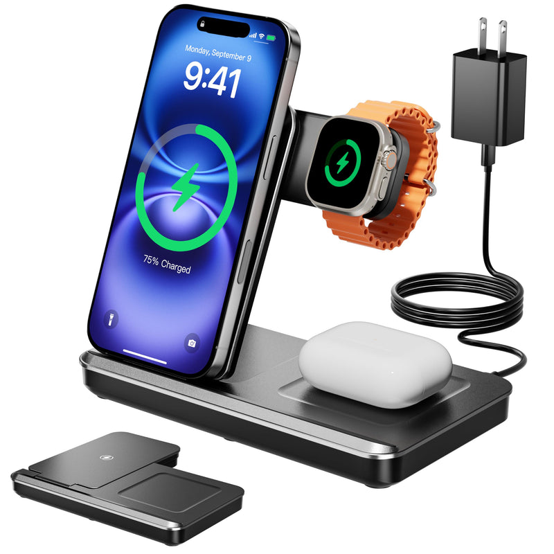 3 in 1 Charging Station for Apple, Foldable Wireless Charger Stand for iPhone 17 16 15 14, Fast Travel Phone Charging Dock for Multiple Devices for Apple Watch Ultra 11 10 9 8, AirPods 4 3 Pro Gray