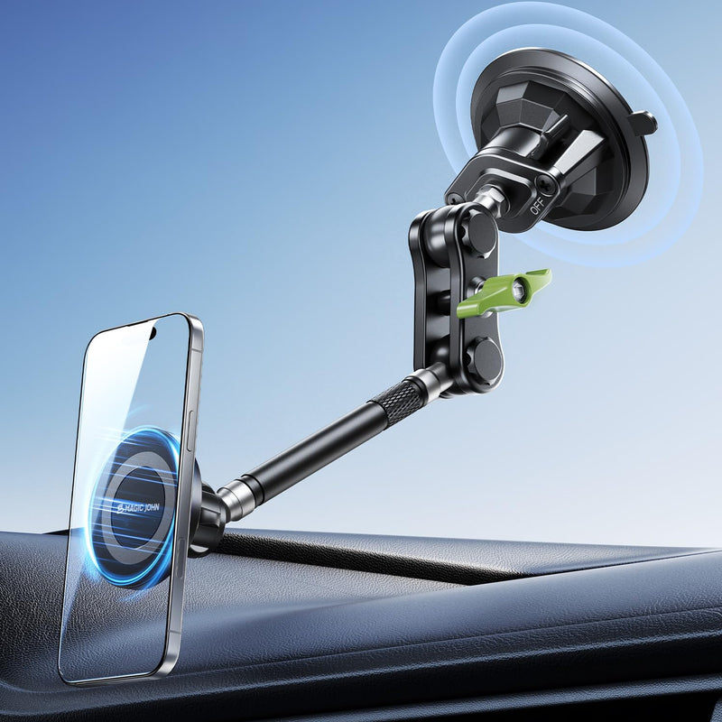 MAGIC JOHN Magnetic Car Phone Holder, Windshield Metal Suction Cup Mount | 360 Degree Rotatable, Strong Suction & Magnetic Force, Solid Metal Frame, Easy Installation Extended
