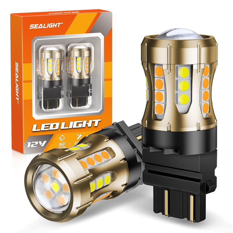 SEALIGHT 3157 Switchback LED, 2025 Latest 3157 LED Bulb Dual Color Amber Yellow/White 3156 3457 4157 T25 Lamps with HD Len & Extra Resistor for Turn Signal/DRL/Parking Lights, 34-SMD Chipset, 2PCs Xenon White/Amber Yellow RL501-3157
