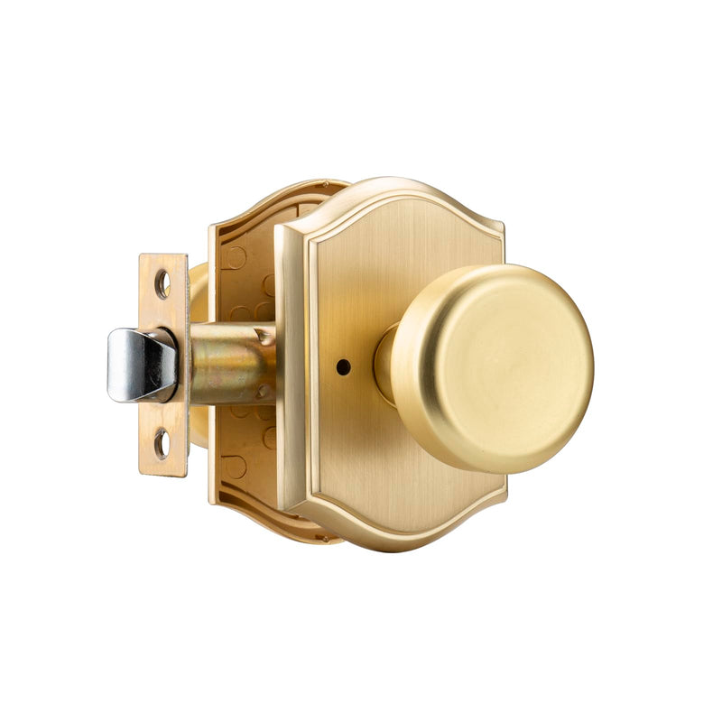Brushed Gold Door Knob with Push Lock for Privacy Bath & Bedroom, Pismo Knob with Zinc Camelot Trim, Flexible Turning & Easy Release Lock 1 Brushed Gold