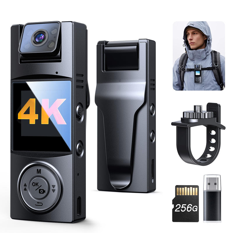 BOBLOV Body Camera with 180°Rotatable Lens, 4K/48MP Small Body Camera, Night Vision Function, Easy to Use and Take for Lecture, Traveling, Pet Walking and Outdoors Activities (4K-256GB) 4K-256GB