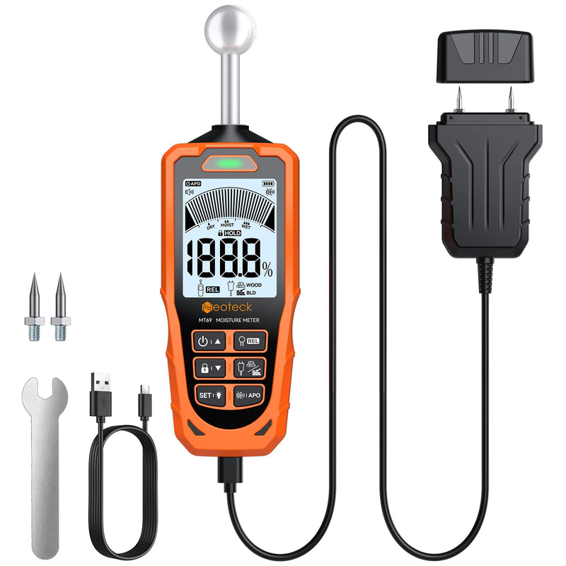 Neoteck 2-in-1 Dual Probe Moisture Meter 40mm Spherical Moisture Reader & ±2.5% Accuracy Pin Moisture Meter with LCD Display and Audio Alarm for Wood Wall Concrete Drywall Firewood Lumber