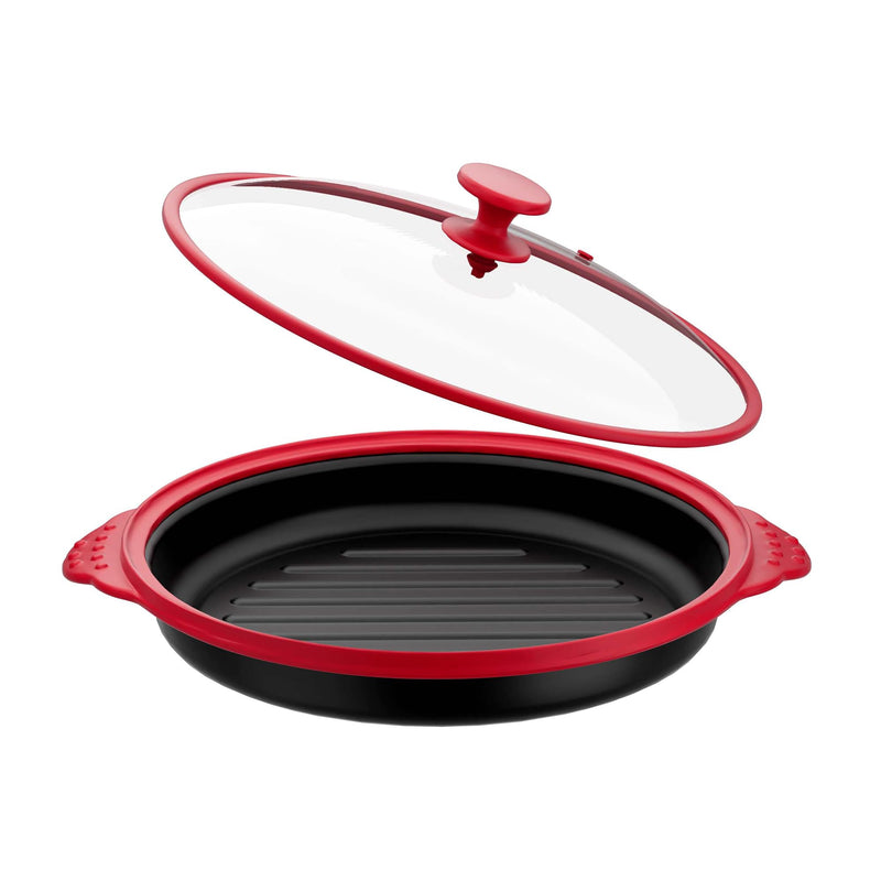 Microwave Grill Pan with Glass Splatter Cover（BPA Free） | Nonstick Microwave Crisper Pan & Cookware Accessories for Grilling Meat, Sandwich, Chicken Wings, Sausage,Dishwasher Safe Red+Glass