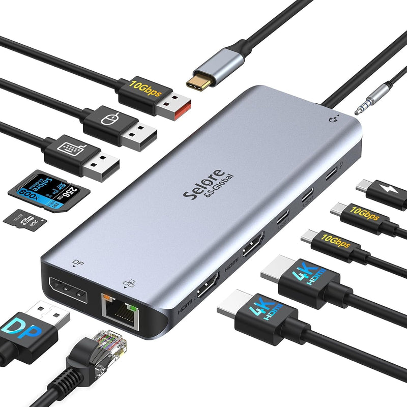 USB C Docking Station Dual Monitor, Selore 13-in-1 Triple Monitor Hub | Dual HDMI, DP, 100W PD, Gigabit Ethernet, 10Gbps USB A/C Ports -Laptop Docking Stations for Dell, HP, Lenovo, MacBook Sliver Gray Dual HDMI+DP